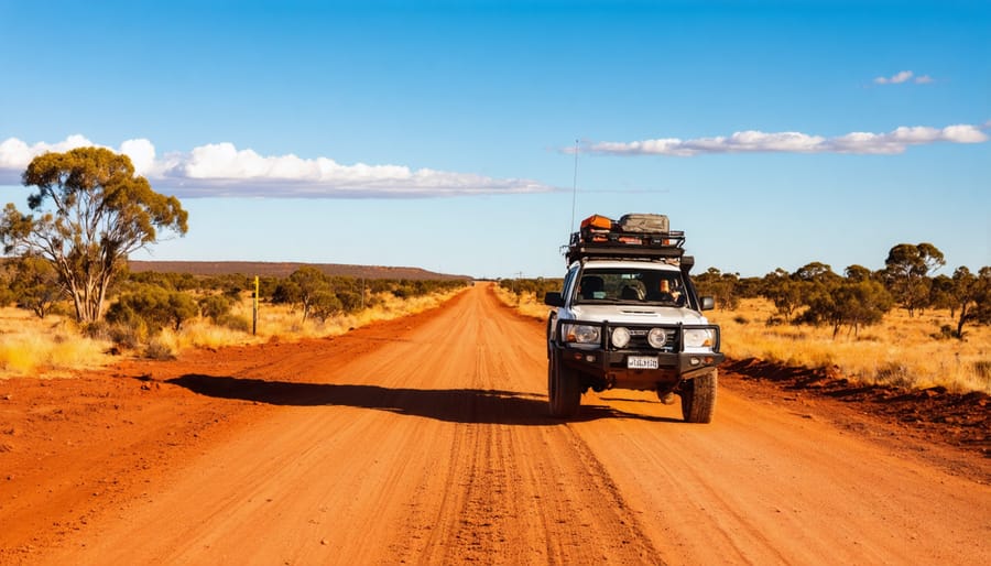 White camper van traveling on remote red dirt road through Australian outback with endless horizon