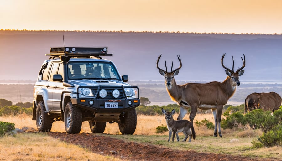 Kangaroo standing on remote highway at dusk with vehicle approaching in distance