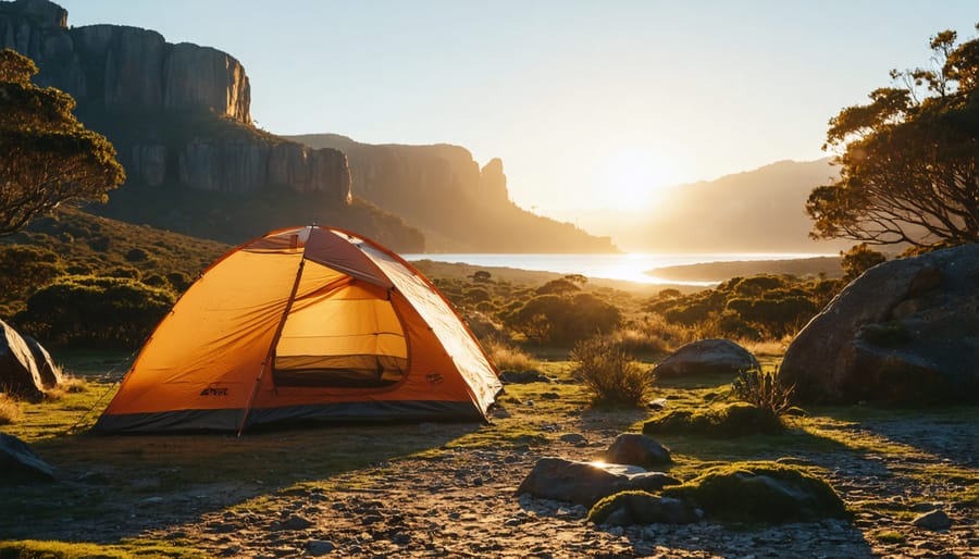 Camper van at sunset campsite beside waterhole with red rock formations