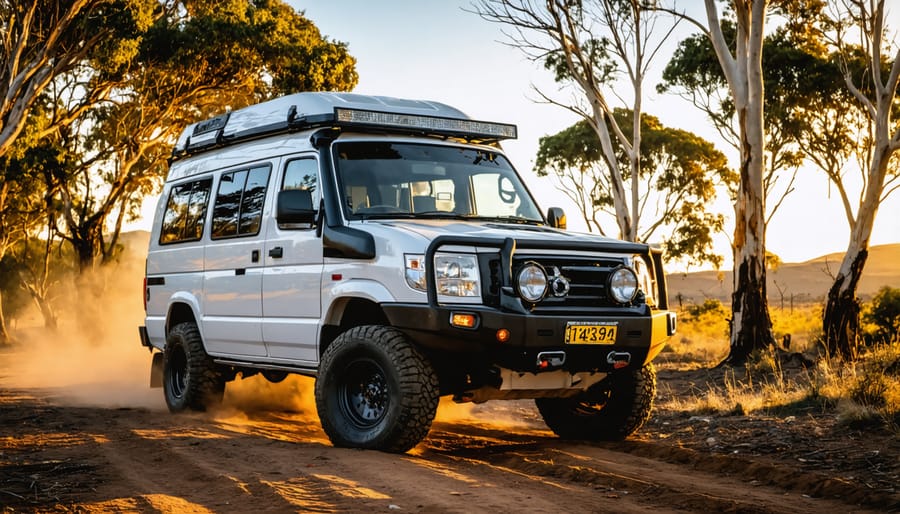 Undercarriage view of 4WD van showing ground clearance and off-road suspension