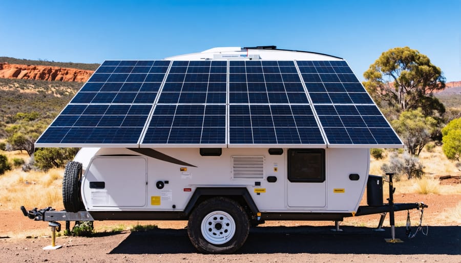 Solar panels installed on van roof with power system components visible