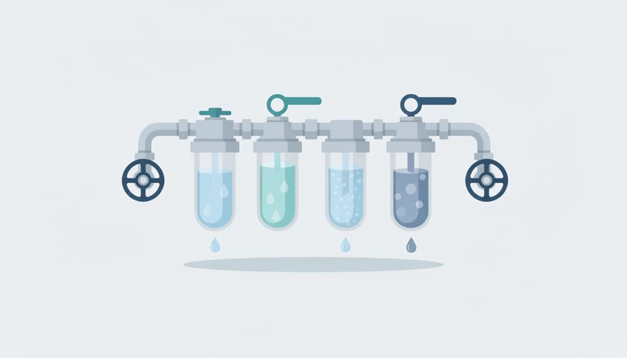 Close-up of an RV water filter housing with water droplets and a hand turning a valve