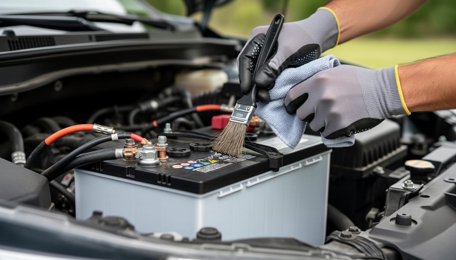Close-up of RV battery terminals with insulated gloves and a multimeter nearby