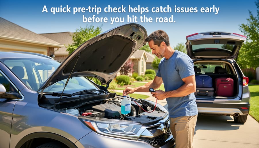 Person checking an RV tire with a tire pressure gauge during a pre-trip inspection