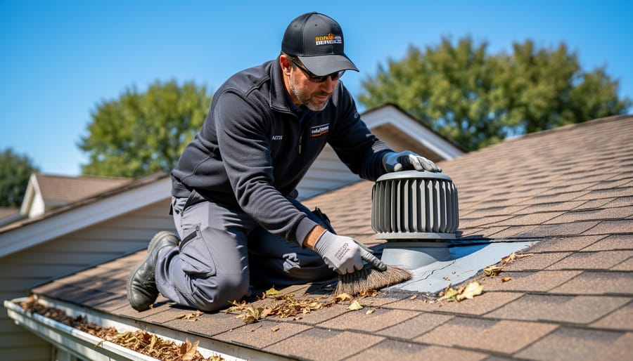 Person inspecting an RV roof near vent covers and roof seams
