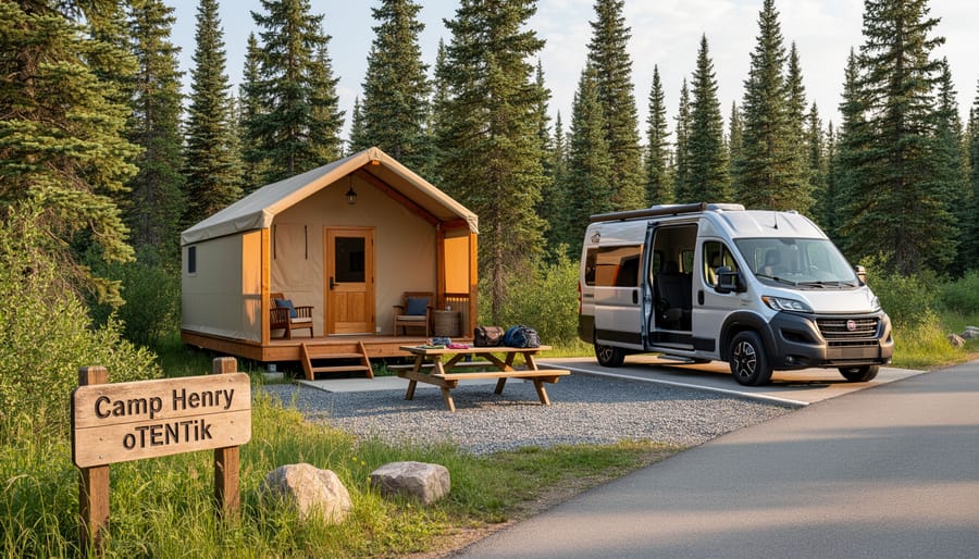 An oTENTik A-frame cabin at Camp Henry with a van parked near the campsite path in Point Pelee National Park.