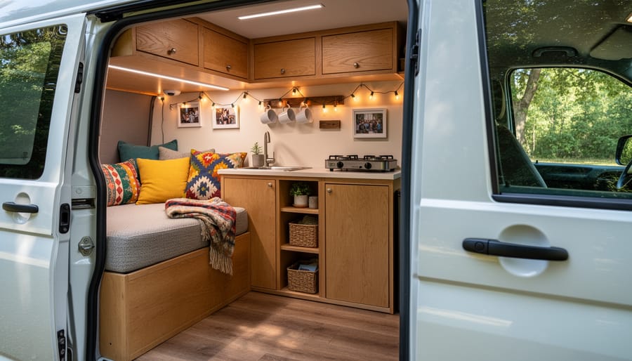 Cozy van interior with a custom bed platform and organized storage drawers