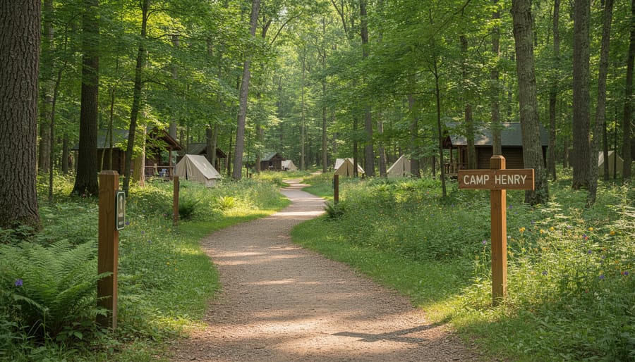 Ground-level view of a forest trail leading toward oTENTik cabins at Camp Henry in Point Pelee National Park.