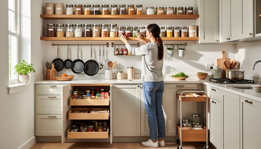 Hands mounting a magnetic spice rack inside a van cabinet with glass spice jars in view