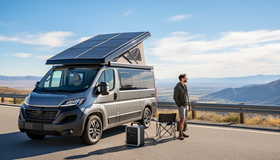 Solar panel and portable power setup next to a parked van in golden hour light