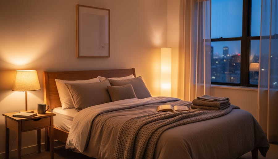 Warm LED lighting inside a van at night with a cozy bedside setup