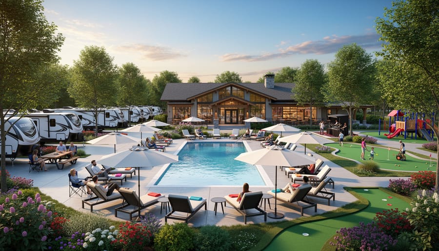 Water park or adventure attractions near a campground with visible splash structures and vacationers walking