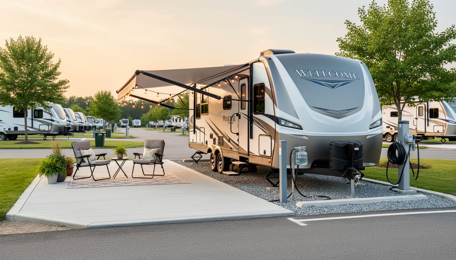 RV and camper van parked at a campground with a fire pit and full-hookup pedestal in view