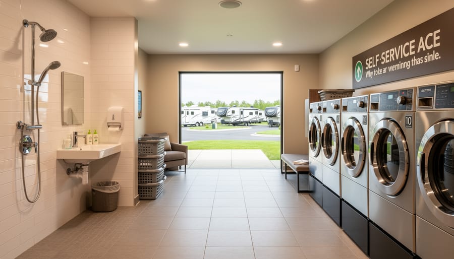 Person washing hands in a clean campground shower and facilities area