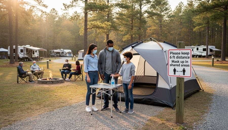Person sanitizing a reusable item at an outdoor campground table with an RV in the background.