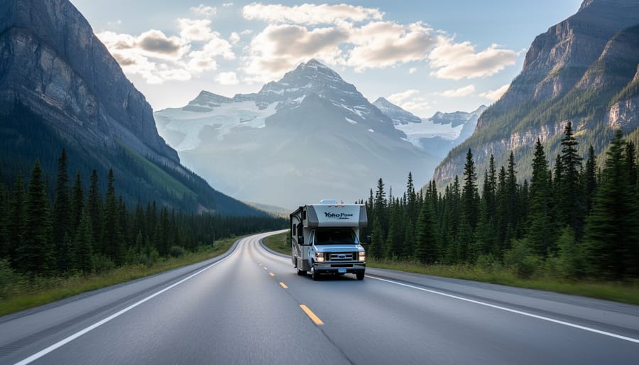 Road leading toward mountain scenery in Yoho National Park during golden hour.