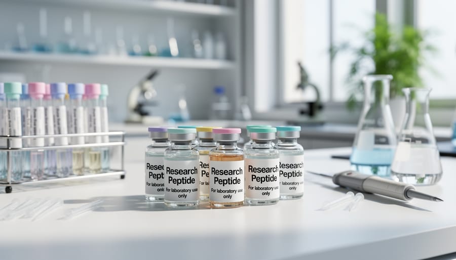 Unlabeled lab vials and sterile gloves on a stainless steel laboratory bench.