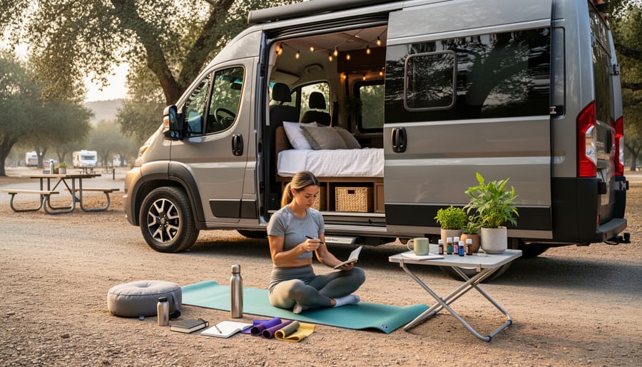 A van parked at a campsite with an organized wellness tote and water bottle visible near the open rear doors at dusk.
