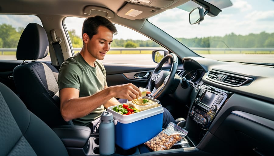 A van lifer cooking a fresh vegetable meal outdoors on a compact stove with warm sunlight.
