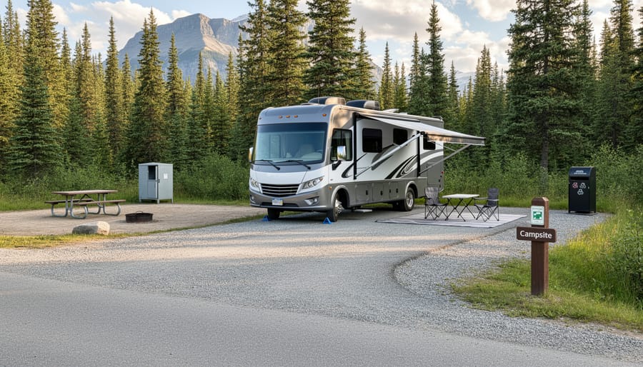 RV parked in a forest campground with picnic area in the background near Yoho National Park.