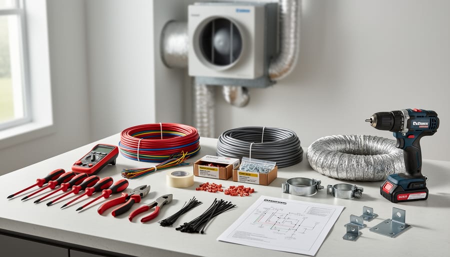 ERV installation tools and materials arranged on a workbench
