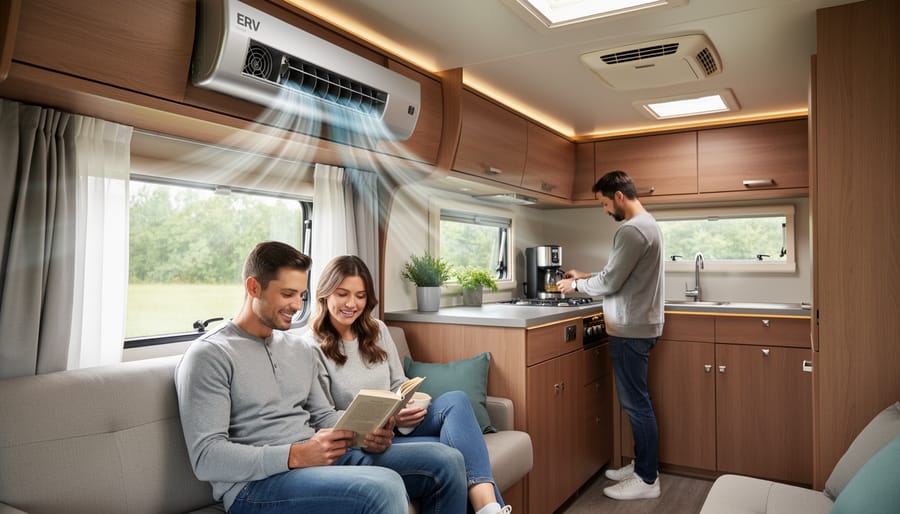 Person adjusting an RV ERV control inside a dimly lit cabin