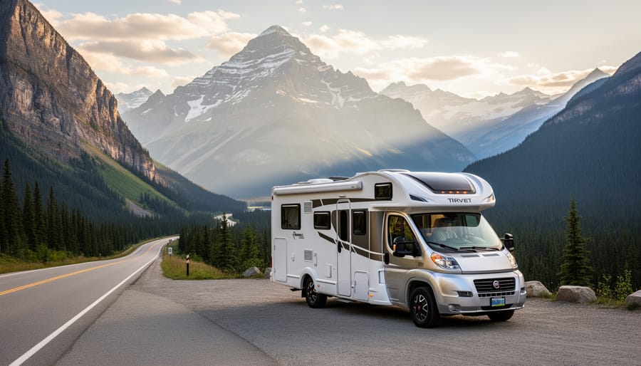 RV at Tunnel Mountain Campground with Rocky Mountains in the background
