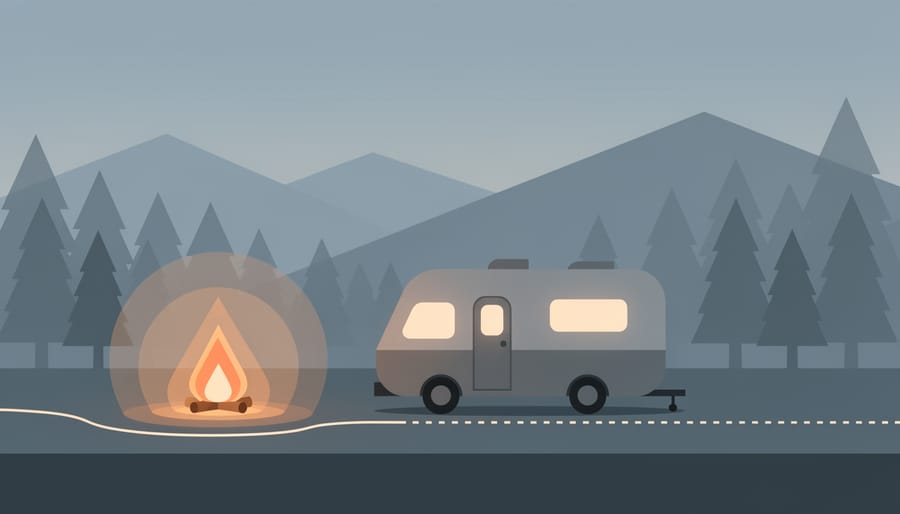 Warm campfire at an RV campsite with silhouettes against Canadian wilderness at dusk
