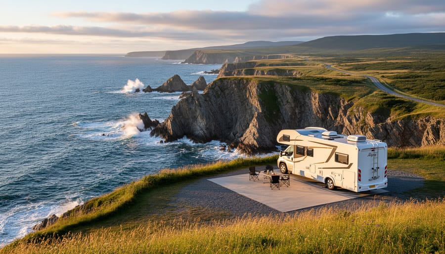 RV campsite with Atlantic coastline and waves in Cape Breton Highlands National Park