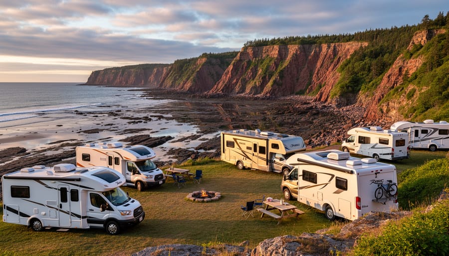 RV campground view toward rocky Bay of Fundy coastline in Fundy National Park