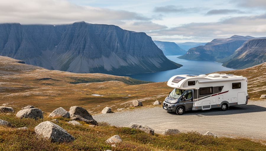 RV parked near rugged terrain with cliffs in Gros Morne National Park