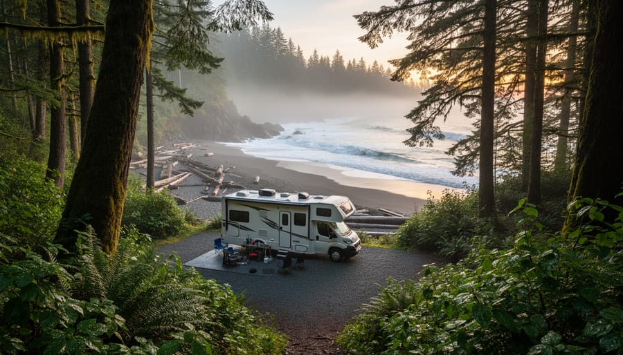 RV at Green Point Campground with ocean waves and coastal rainforest surroundings