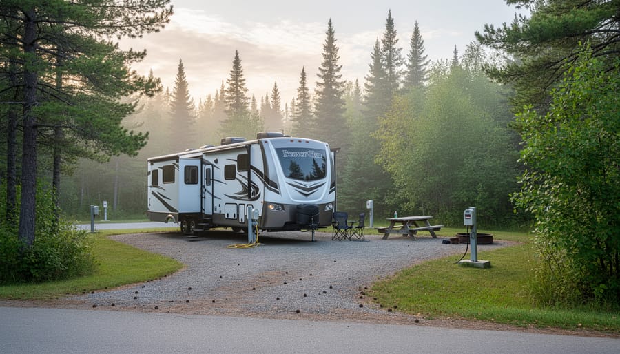 RV parked at a full-service campground site near forest in Prince Albert National Park, Saskatchewan