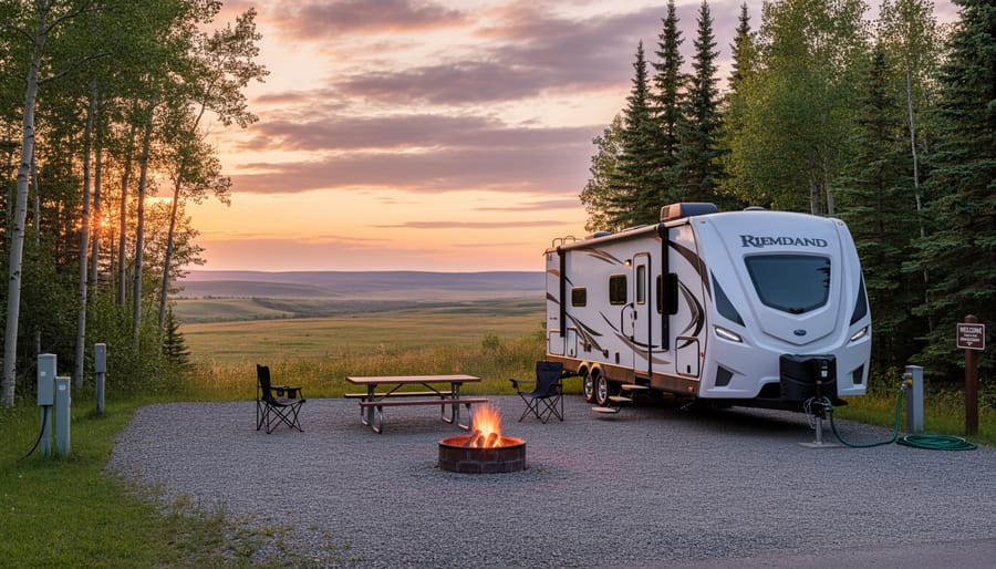 RV campsite at sunset with prairie landscape in Riding Mountain National Park