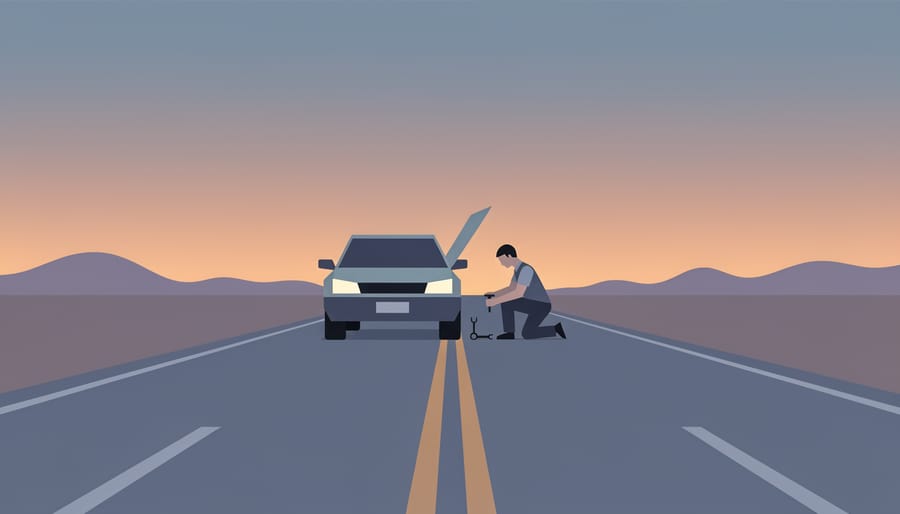 A lone traveler with a toolbox beside a vehicle with the hood open at twilight
