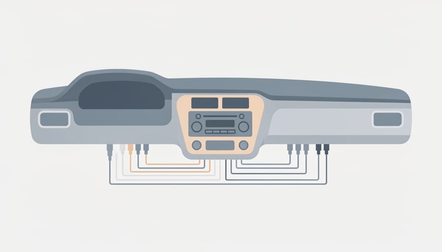 Upgraded RV stereo area with neat, secured wiring behind the dash in a softly lit nighttime interior.