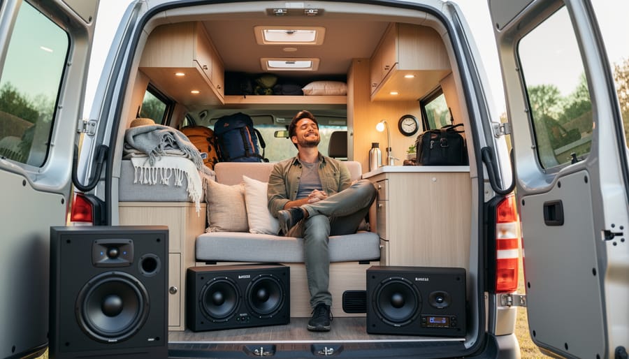 Person in an RV cab enjoying audio on an upgraded stereo with warm evening lighting and a connected smartphone.