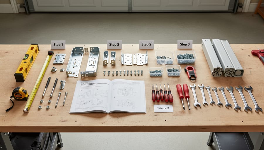Tools and stereo upgrade components laid out on a cloth for an RV dash installation.