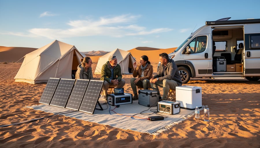 Solar panels mounted on a camper van roof in bright sunlight
