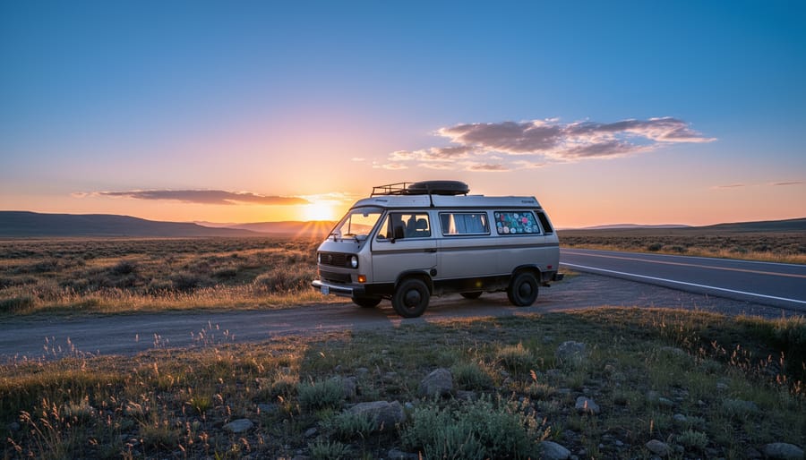 A van parked on a gravel overlook at sunrise with warm light glowing inside